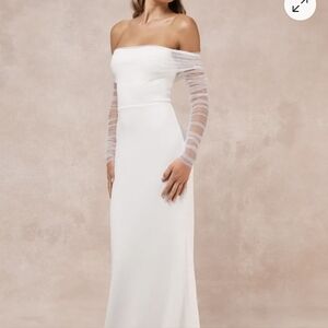 Lulu's White Ivory Strapless Wedding Dress with Ruffled Tulle Sleeves